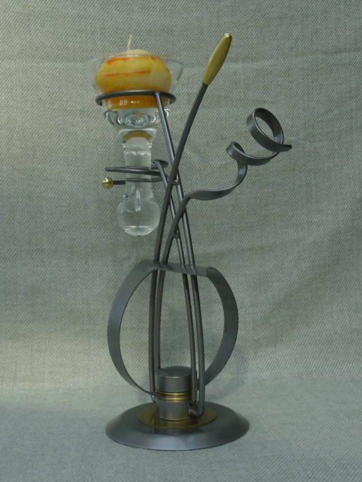 Vintage MCM Art Deco Tear Drop Glass Metal Candle Holder
