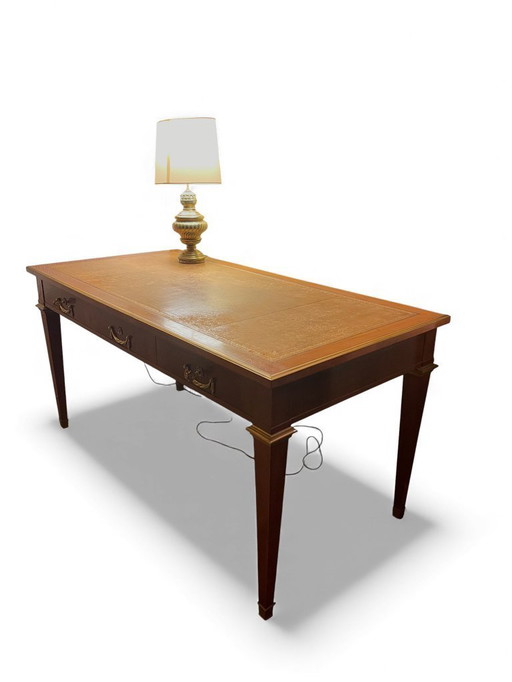 Mahogany flat desk, Louis XVI style, leather top and bronze ornamentation