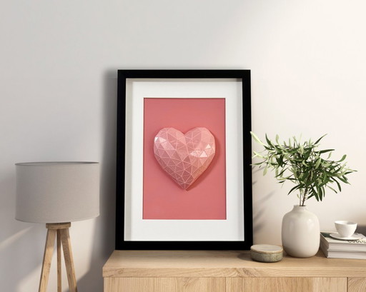 3D geometrische hart wanddecoratie, roze PLA sculptuur, moderne woondecoratie