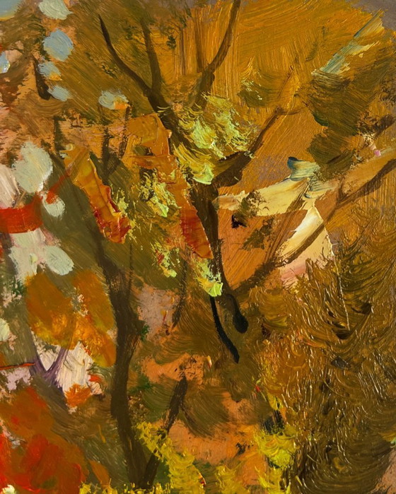 Image 1 of Original Oil Painting Evening River Landscape Autumn city park