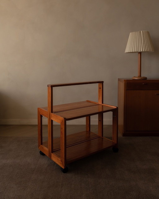 Carrello di servizio pieghevole vintage in pino, anni '70