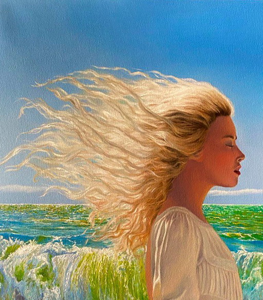 Original Oil Painting Portrait of a Girl Landscape Sea Breeze – schilderijen tekeningen, Canvas (photo 2 of 8)