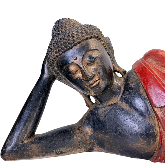 Antique Burmese Teak Wood Reclining Buddha – 19th Century – 102 cm – Sculpture (photo 3 of 11)