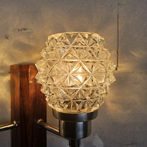 Vintage Danish teak double wall lamp crystal shade 60s wall mounted lights crystal