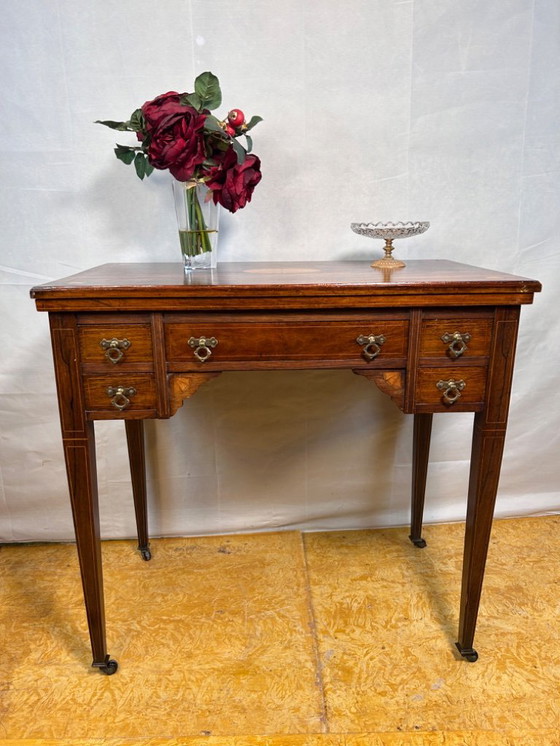 Image 1 of Antique Edwardian Rosewood Inlaid Desk / Transforming Games Table (1900–1910)  A Masterpiece of Dual-Function Design with Exquis