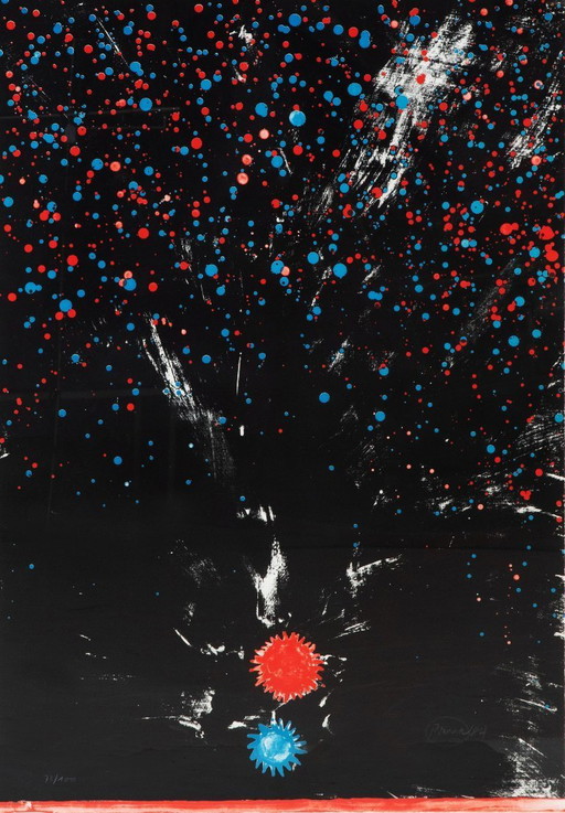 Otto Piene(1928)Kleur Zeefdruk "Compositie Red en Blue Sun"Ges Gen