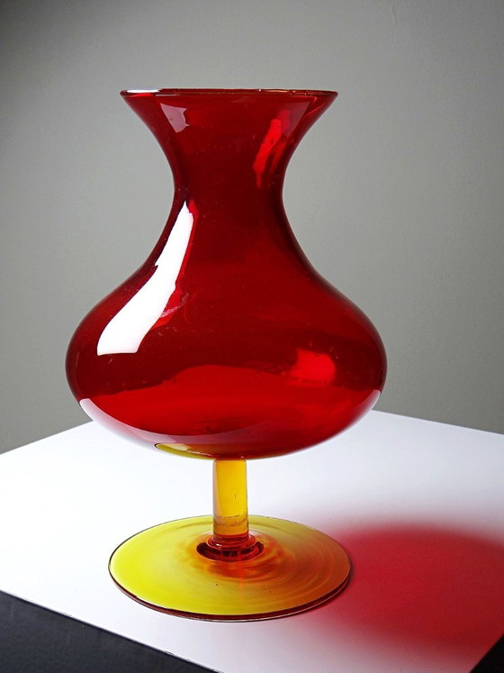 Vintage Blown Glass Vase with "Controlled" Bubbles, Red & Yellow, 1960s-1970s (photo 4 of 10)