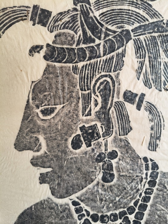 Image 1 of Original 1967 Mid-Century Maya Stone Rubbing – Palenque, Mexico (Framed)