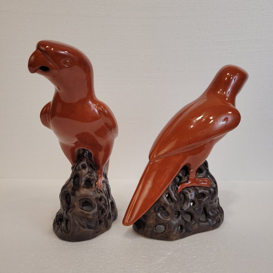 Image 1 of Pareja de loros naranjas, porcelana, 90’s - China