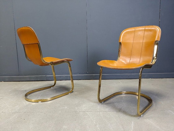 Image 1 of Vintage brass and cognac leather dining chairs by Willy Rizzo for cidue set of 4, 1970s