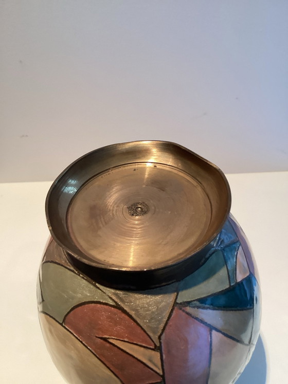 Beautiful vintage Art Deco style vase in solid brass with handmade geometric pattern., Metal, Blue (photo 5 of 5)