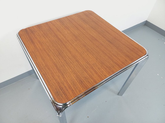 Image 1 of Tavolo da pranzo quadrato vintage Pierre Paulin in palissandro e metallo cromato degli anni '70