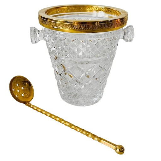 Seau à glace français vintage années 1950, avec pelle à glace, en cristal doré.