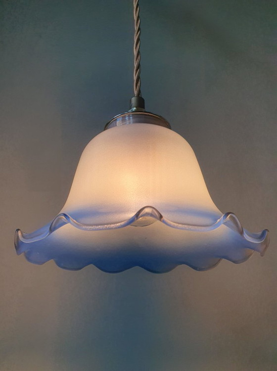 Image 1 of Vintage frosted glass pendant lamp in floral shape.