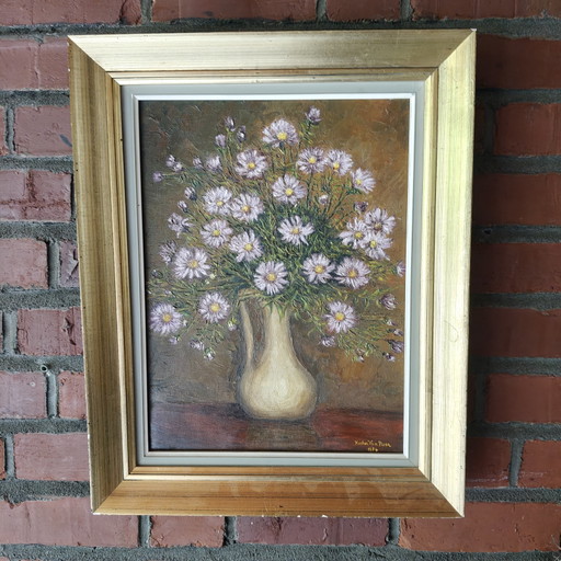 Vintage Floral Oil Painting by Hector Van Neer (1974) – Textured Still Life