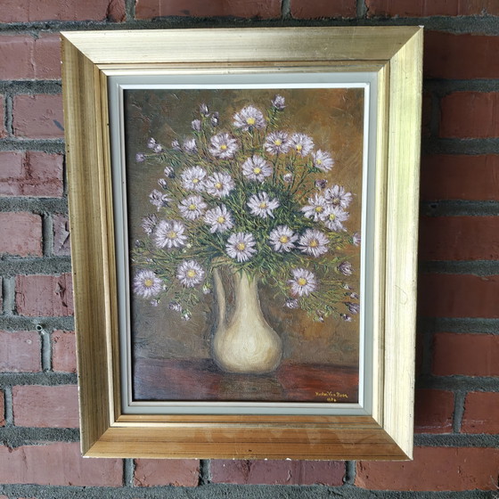Image 1 of Vintage Floral Oil Painting by Hector Van Neer (1974) – Textured Still Life