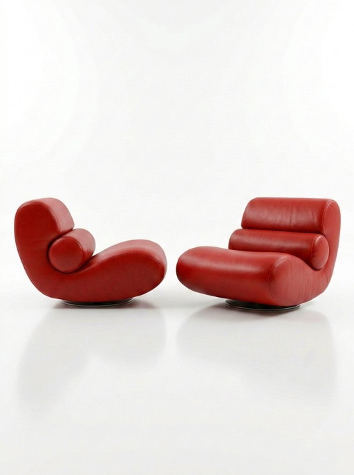 Paire de Chauffeuses Lounge Pivotantes en Cuir Rouge – Roche Bobois (Années 70/80)