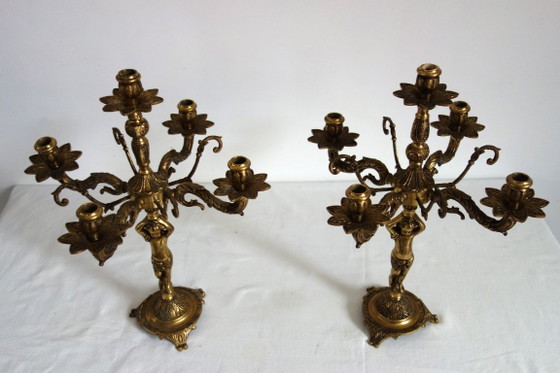 Pair of Cherub Gilt Bronze Candlesticks, early 20th Century, Decorative Objects, Brass, Gold, Vintage (photo 4 of 13)