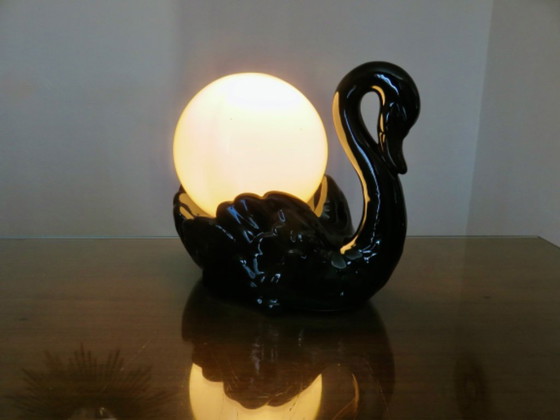 Image 1 of Black swan lamp in ceramic and opaline, black swan lamp, 1970