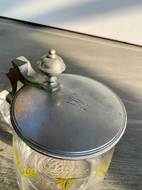 Image 1 of Boccale da birra antico con coperchio in peltro e smalto dipinto a mano (0,4 l)