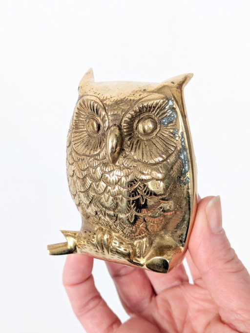 Vintage Midcentury Solid Brass Owl Figurine on Branch, Detailed Brass Decor