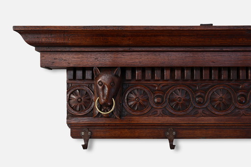 Large 18th Century Gothic solid oak hand carved coat rack, France 