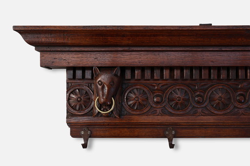 Large 18th Century Gothic solid oak hand carved coat rack, France 