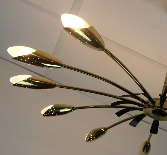 Image 1 of large 12-light sputnik spider ceiling light brass black metal 1950s mid century stilnovo era