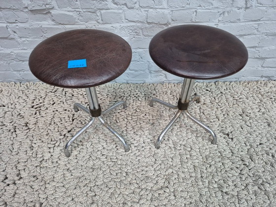 Image 1 of Set of Two Vintage Design Low Bar Stools, Tubular Steel, Brown Leatherette. The Netherlands, 1960s