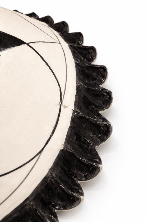 Image 1 of Caltagirone Ceramic Centerpiece, Sicilian Pottery Black & White Geometric Bowl, Hand-Painted Modernist Art, Handmade in Italy
