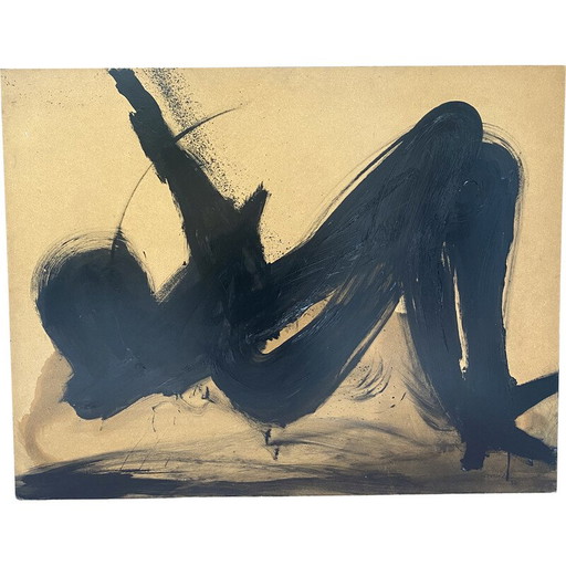 Senegalesisches Gemälde in Öl auf gelbem und schwarzem Holz von André Ferrand, 1983