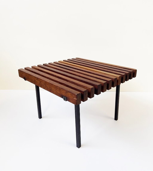 Mesa para plantas de teca Mid-Century, Taburete, Metal vintage original