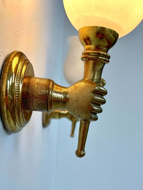 Image 1 of Pair of vintage wall lights, Maison Jansen, patinated solid brass and opaline glass, France, 1960