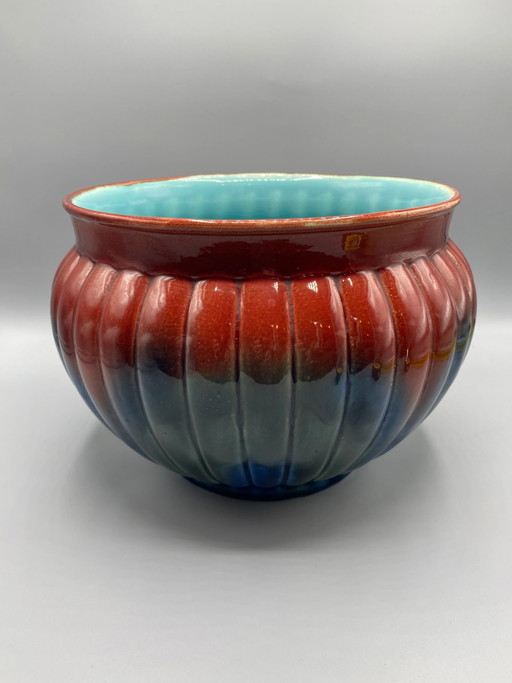 Sarreguemines Slipware Planter – Polychrome Red and Blue Glazes – servies, Ceramic, Art Nouveau