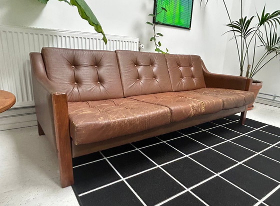 Image 1 of Scandinavische Mid-Century driezits leren bank met palissander