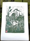 Stampa linoleografica di airone | Arte murale con uccelli | Arte olandese | Inchiostro verde | A3