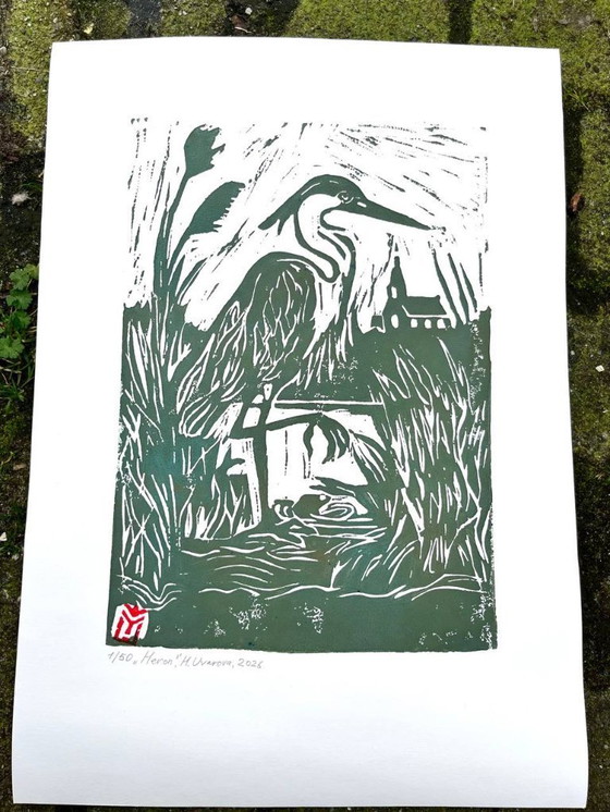 Image 1 of Grabado en linóleo de garza | Arte mural de aves | Arte neerlandés | Tinta verde | A3