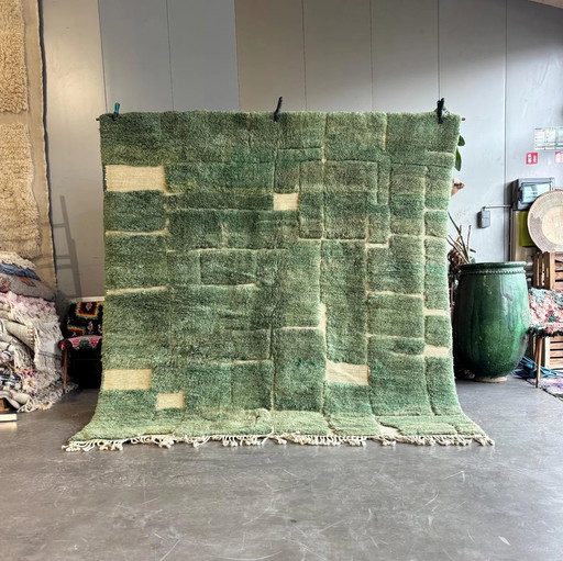 Modern Green Moroccan Wool Rug 240x270 cm - Handwoven Boho Area Rug with Geometric Design, Minimalist Home Decor, Mrirt Wool Rug