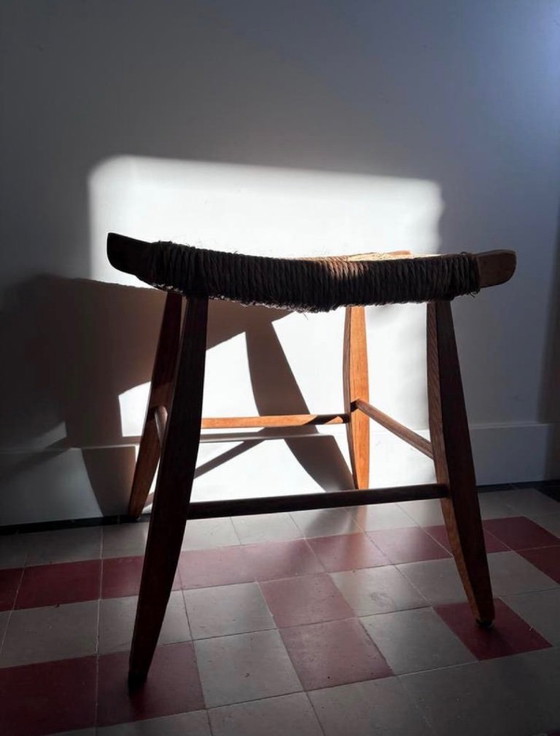 Image 1 of Vintage wooden stool with woven wicker seat - Brutalist/Mid-Century