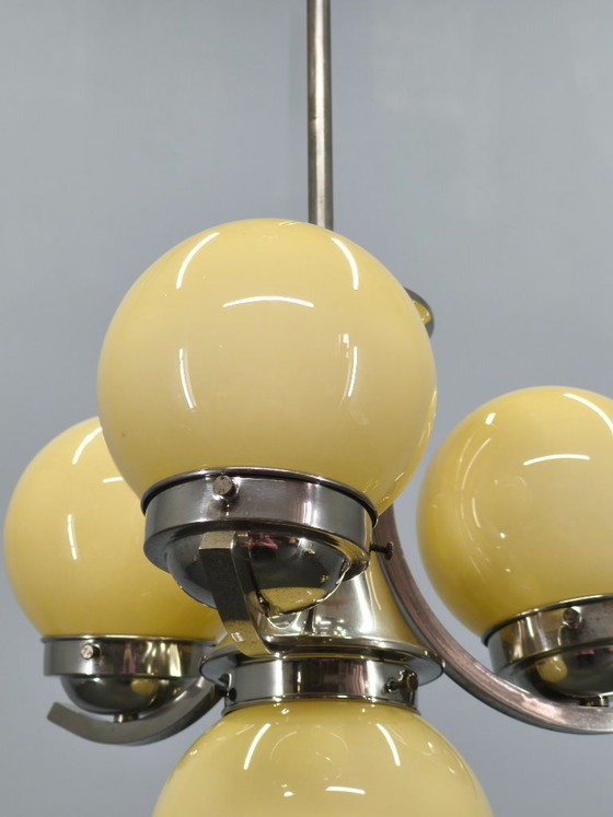 Image 1 of Art Deco Chrome and Opaline Glass Chandelier, 1930s