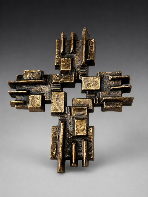 Brutalist Cubist Bronze Wall Cross | Geometric Modernist Sculpture | 1970s