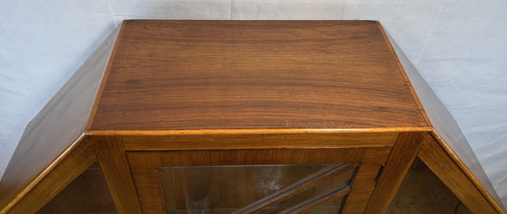 Image 1 of Art Deco Vintage Brocante Walnut Hexagonal Display Cabinet – 1920–1930 Striking Geometric Design | Elegant Display Storage