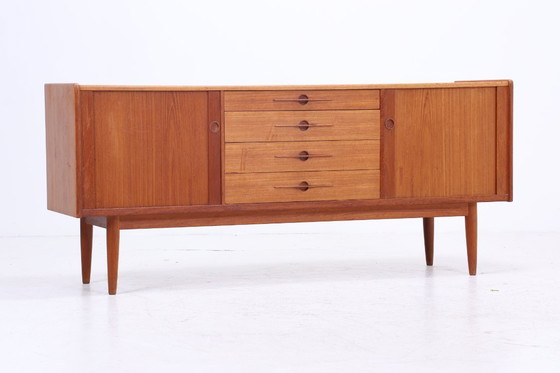 Image 1 of Vintage teak sideboard 60s | Mid - Century sideboard with drawers & slatted doors retro wood storage #08-22