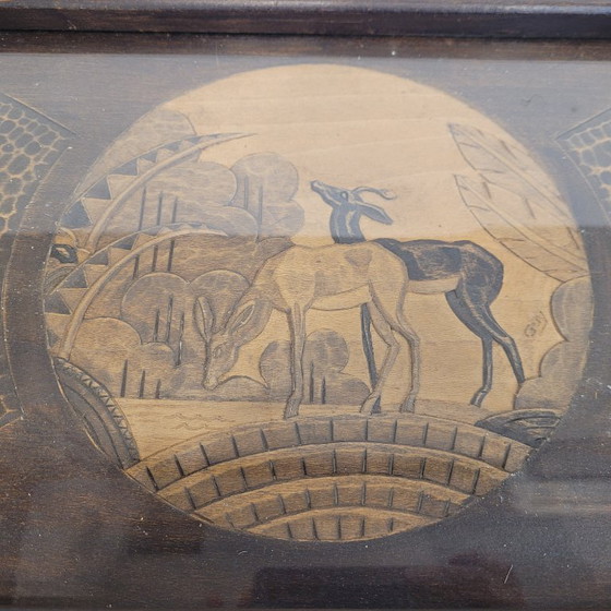 Image 1 of Tablett mit Antilopenschnitzerei, Holz, Art Deco, ps XX - Frankreich