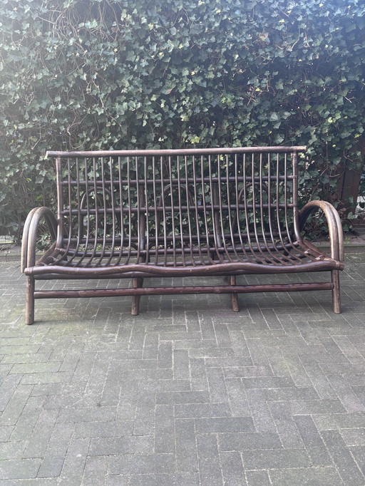 Vintage rotan rieten 3-persoonsbank bruin midcentury