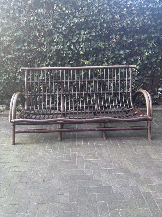 Image 1 of Vintage rotan rieten 3-persoonsbank bruin midcentury