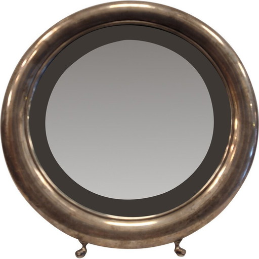 Vintage vanity mirror in silver metal and mahogany, France 1930