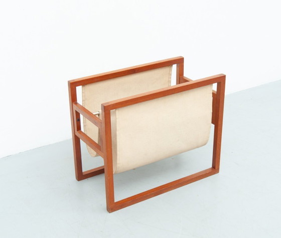 Image 1 of Teak and linen newspaper rack by Henning Wind-Hansen for Sika Møbler (1960s)