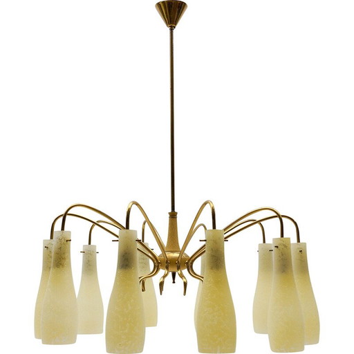 Lustre Sputnik vintage en laiton et verre avec 10 lumières, Italie 1950