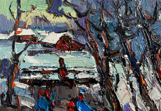 Image 1 of Original Oil Painting Winter Village Landscape First winter ice